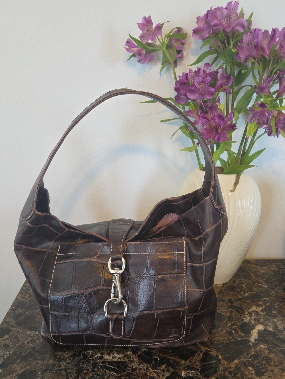 Dooney & Bourke Brown Croc Embossed Leather Hobo Bag Silver Hardware